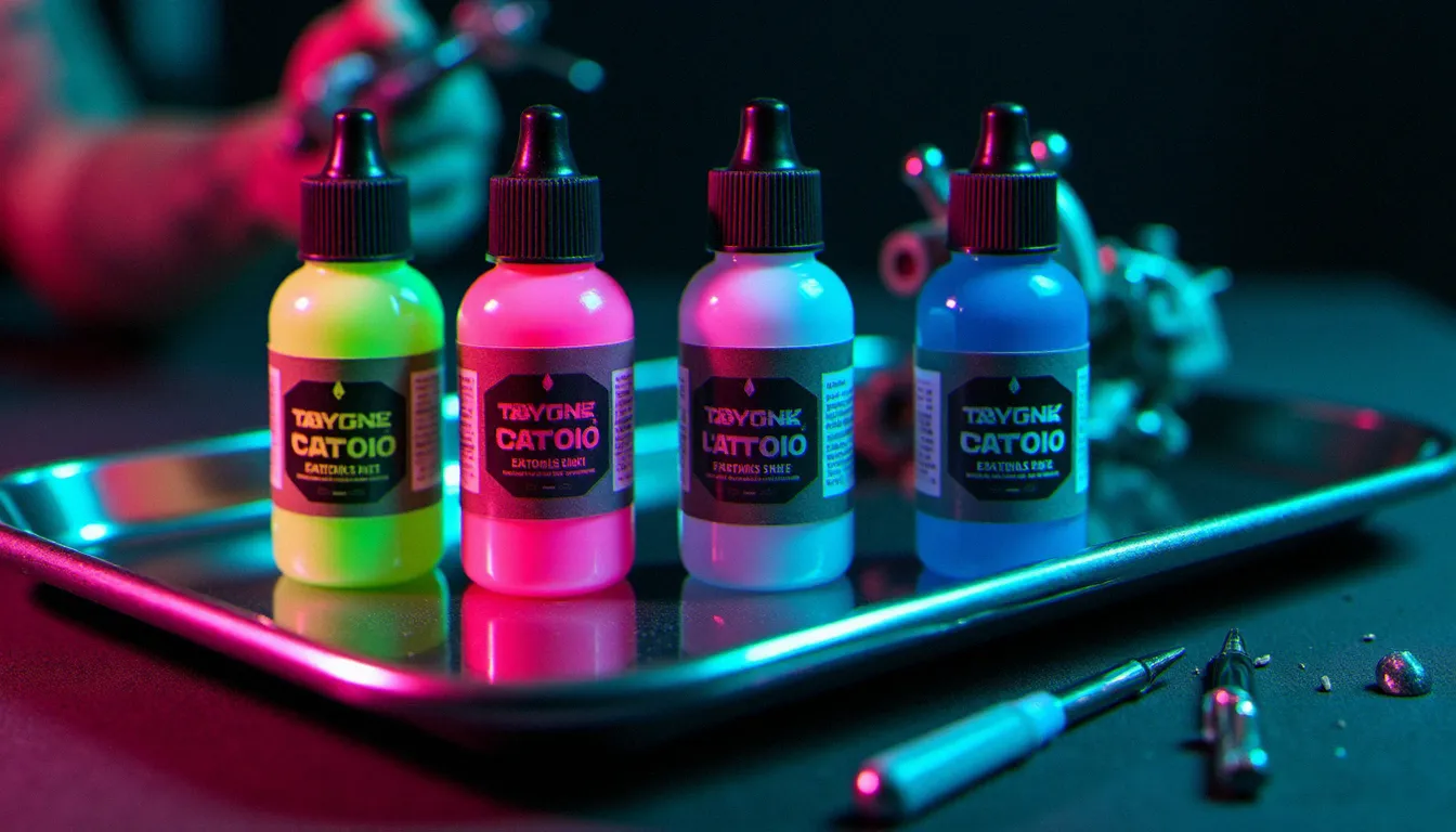 Flacons d'encres fluorescentes pour tatouage effet neon disposés sur un plateau de studio professionnel