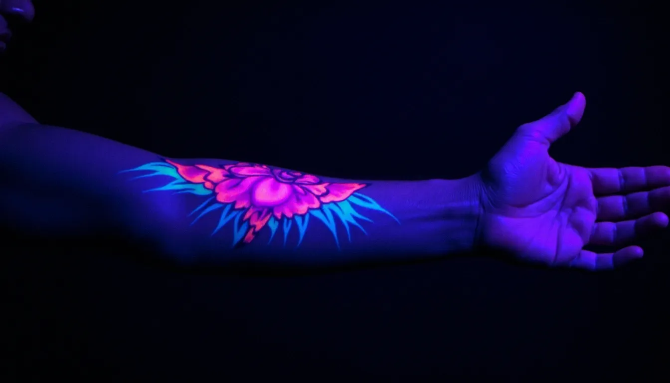 Tatouage effet neon géométrique révélé sous lumière UV dans l'obscurité, avec lueur violette et cyan spectaculaire