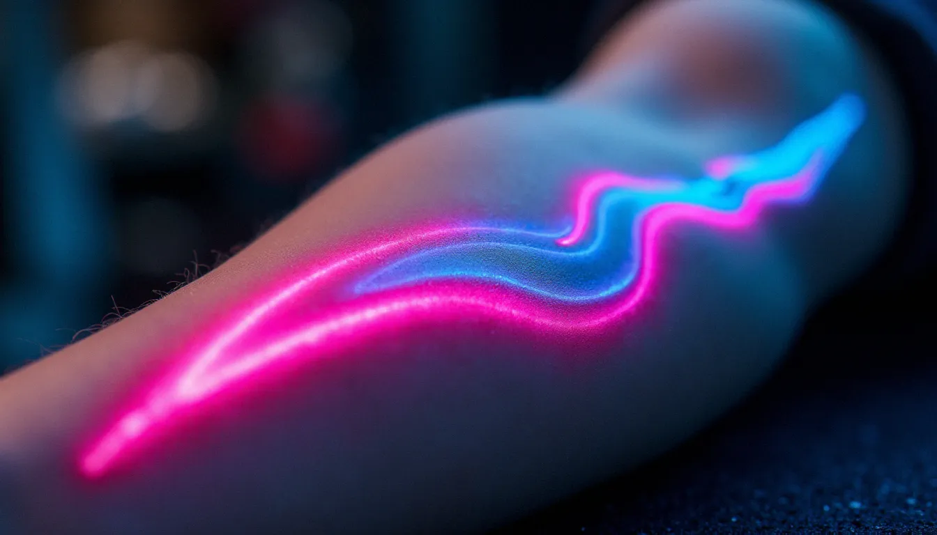 Tatouage effet neon sur avant-bras avec lignes roses et bleues lumineuses imitant l'éclat d'une enseigne néon