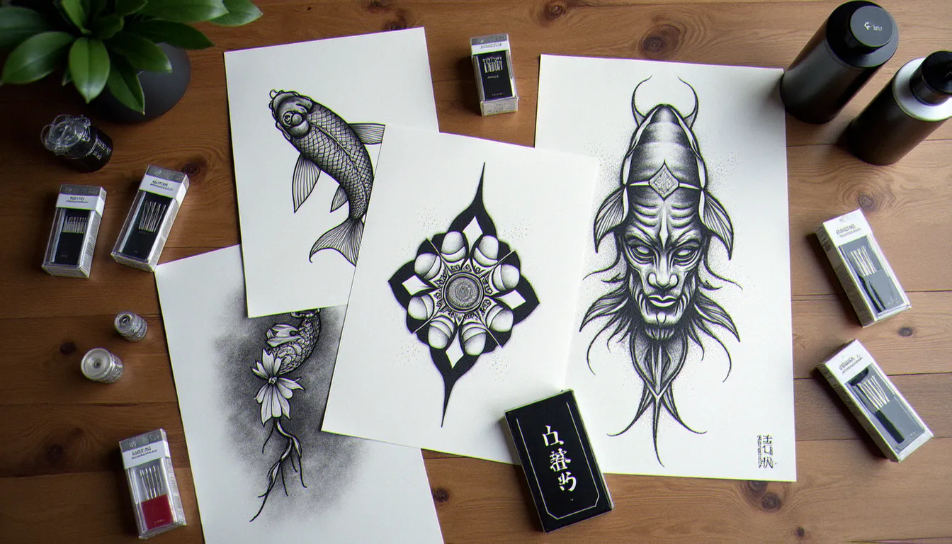 Planches de références illustrant différents styles de tatouage pour hommes — japonais, géométrique, réalisme et blackwork — posées sur une table de studio de tatouage