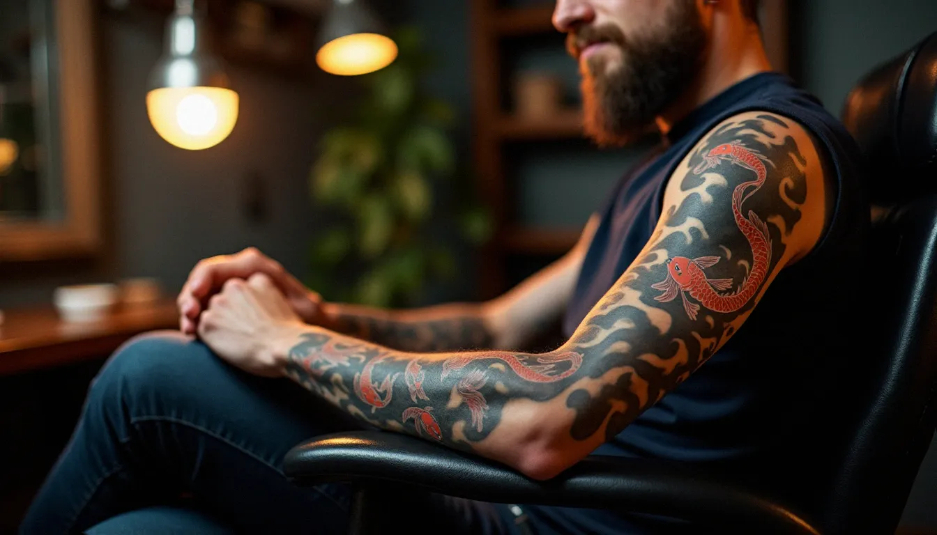 Homme montrant une manchette complète de style japonais traditionnel avec carpe koï et dragon, tatouage cicatrisé visible de l'épaule au poignet dans un studio de tatouage