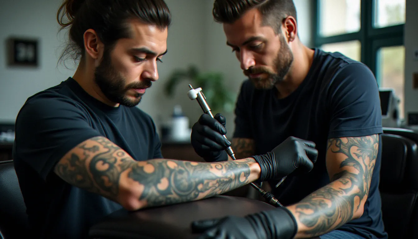 Tatoueur professionnel réalisant un tatouage blackwork sur l'avant-bras d'un homme dans un studio de tatouage moderne en France