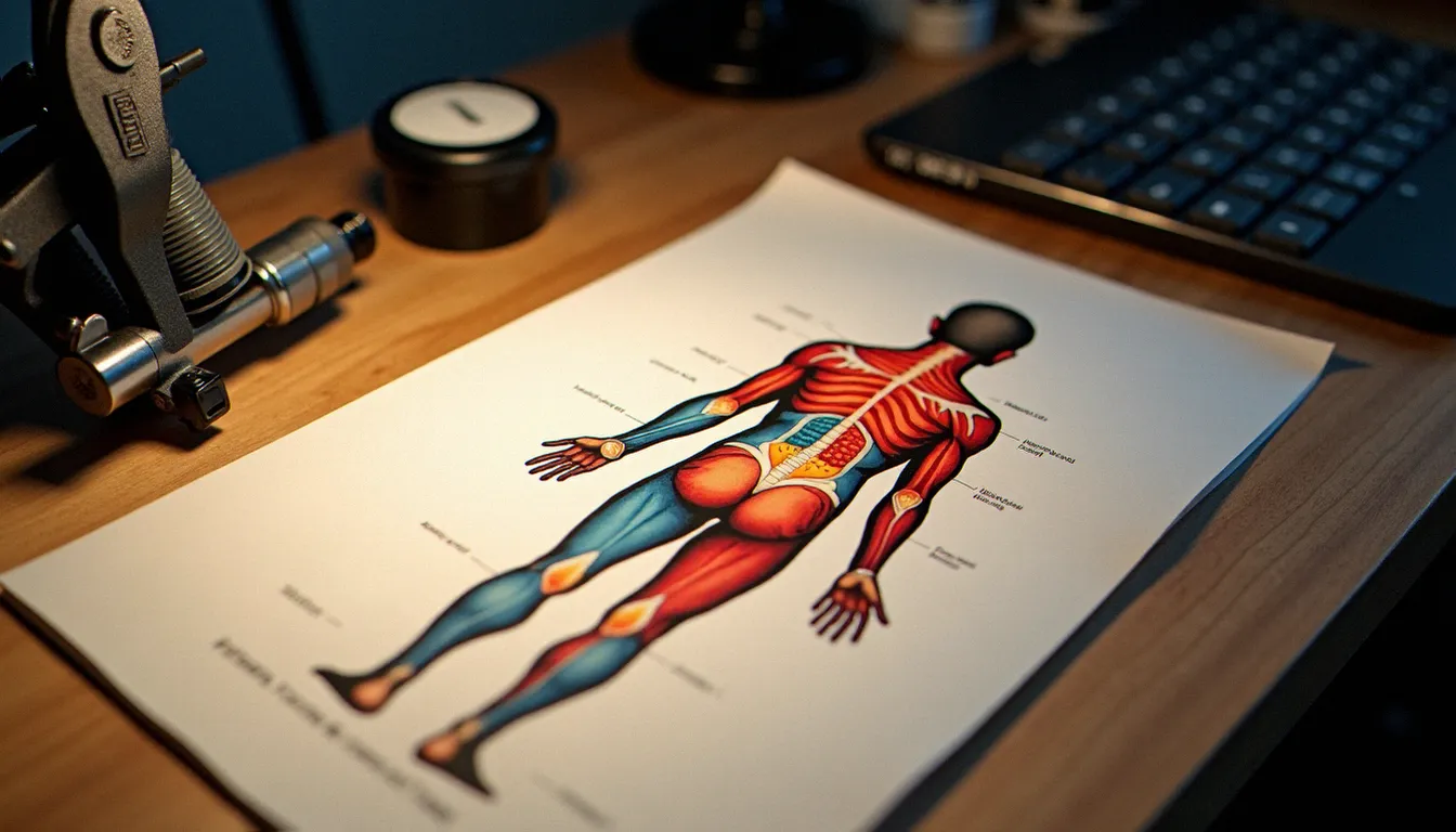Schéma des zones du corps avec niveaux de douleur pour le tatouage posé sur un bureau de studio de tatouage