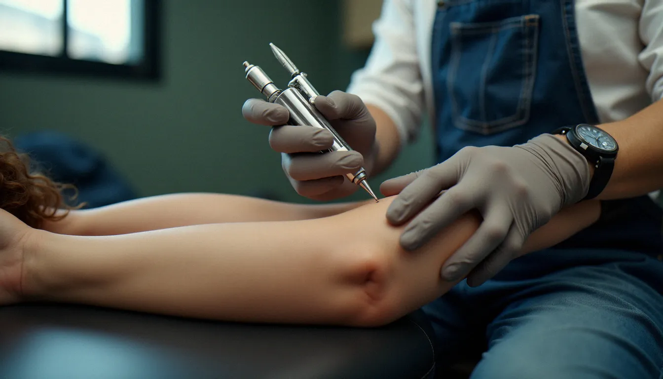 Tatoueuse professionnelle réalisant un tatouage sans douleur sur l'avant-bras d'un client détendu dans un studio propre et lumineux