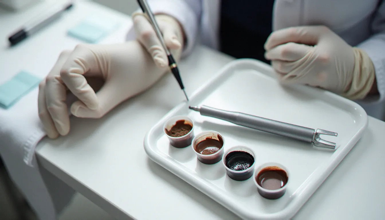 Matériel professionnel pour tatouage semi permanent : lame de microblading, stylet dermographe et pigments disposés sur un plateau stérile