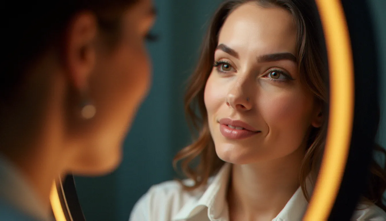 Femme admirant le résultat de sa micropigmentation de sourcils après une séance de tatouage semi permanent
